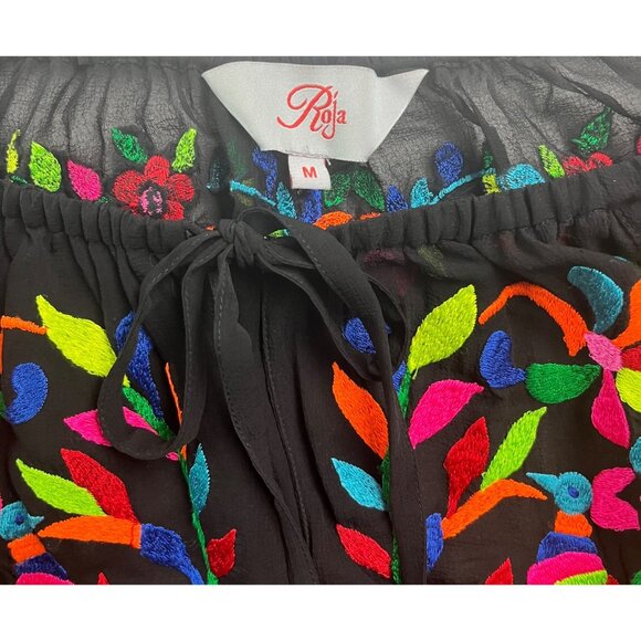 SIZE M Roja Mexican Style Embroidered Black Sheer Peasant Top Folk Art Otomi - Picture 3 of 10